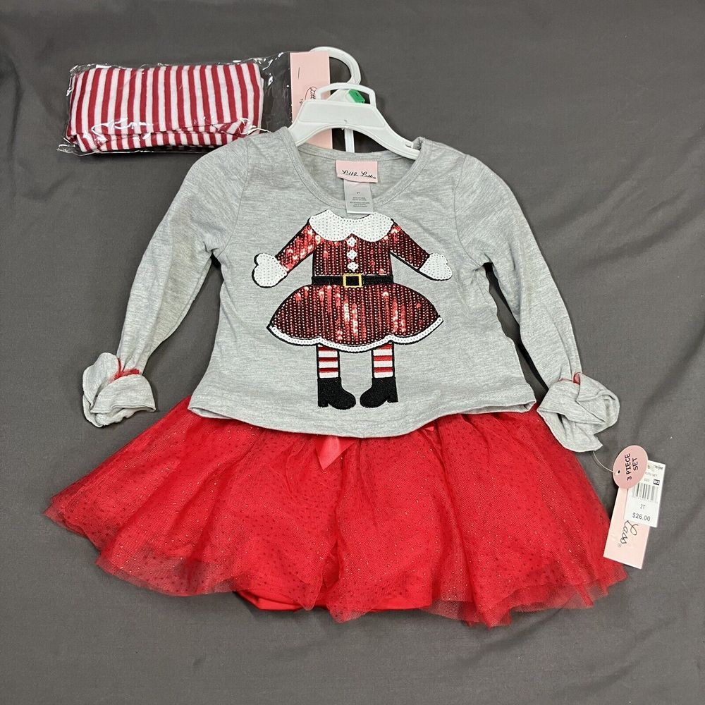 Little Lass Girl Skirt Tights Set / 2T / Santa Elf / 3 Pieces /Christmas Holiday